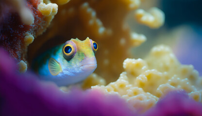 Wall Mural - a Gobiodon okinawae, a tiny and colorful species of goby, hiding in a crevice in a coral reef - Generative AI