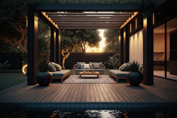 Interior design of a lavish side outside garden at morning, with a teak hardwood deck and a black pergola. Scene in the evening with couches and lounge chairs by the pool, generative AI