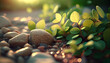 © RainMelon - Close up of pebble stones rocks and leaves on a beach with sunset bokeh light background , generative ai