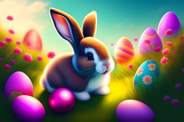 Rendering of Easter Bunny and Eggs in a Lush Meadow. Generative AI. 