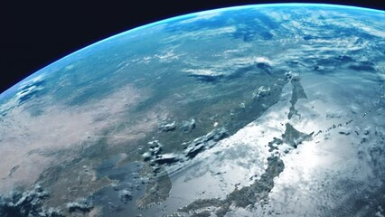 Wall Mural - Japan from Space with Earth Rotating with View from Orbit with Dynamic Clouds Sea Atmosphere and Strong Sun Reflection on Sea of Japan Ocean