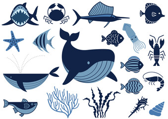 Wall Mural - Vector Marine Life Illustration Set Isolated On A White Background.