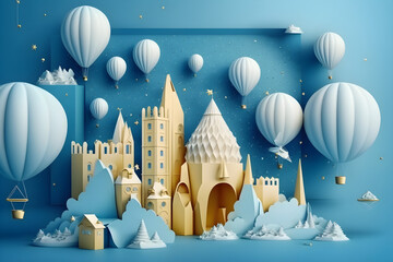 Blue christmas background with empty white space for promo, ads or banner. A lot of gift boxes, golden balloons, houses, confetti in paper craft style. 3D render illustration in dreamy style