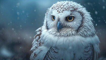 Wall Mural - white snowy owl sits in the snow in the field