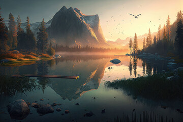 Wall Mural - Outdoor landscape scenery at sunrise, AI generated