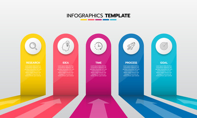 Business infographic template process with simple geometry square, rectangle, circle, triangle, curves in flat design template with thin line icons and 5 options or steps. Vector illustration.