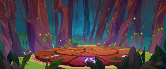 Wall Mural - Cartoon game platform in old forest. Vector illustration of large stone circle arena with blue neon glowing ancient signs, surrounded by trees, bushes and green grass. Fantasy portal for magic ritual