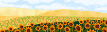 Sunflowers Field, Summer Landscape Background. Yellow Sun Flowers,nature Panorama. Blooming Agriculture Land, Floral Crop Plant. Blossomed Plantation On Hills, Scenery. Flat Vector Illustration