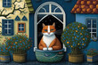 © NAITZTOYA - An orange and white cat at the edge of the window of a blue house with plants, naive art drawing, generative ai illustration