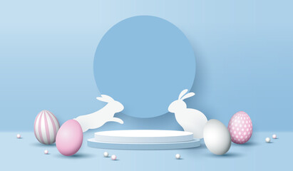 Wall Mural - Happy Easter blue background and paper art podium display for product presentation branding and packaging presentation. studio stage with eggs and rabbit background. vector design.