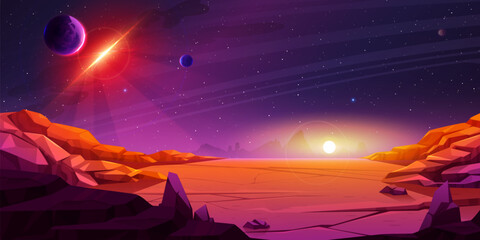 mars landscape with red desert surface and rocky mountains. vector cartoon illustration of alien pla