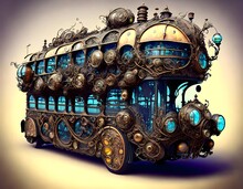 Two Level Bus In Steampunk Style. AI Generated