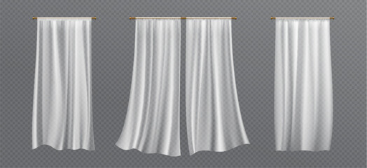 Realistic set of white curtains hanging isolated on transparent background. Vector illustration of silk fabric sheets, veil fluttering in wind. Home textile, light drapery, interior design elements