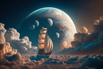 Wall Mural - ship on the cloud over the planet. generative ai.