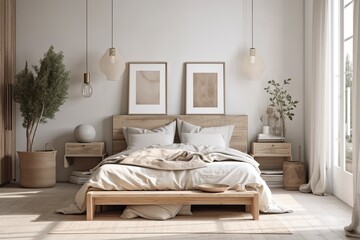 Poster - White and beige farmhouse bedroom with wall mockup. Parquet and wood furniture. Boho decor,. Generative AI