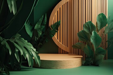 Poster - Leaf shadowed wooden podium. Green walled studio. Cosmetics mockup. High end interior design. Landscape. Generative AI