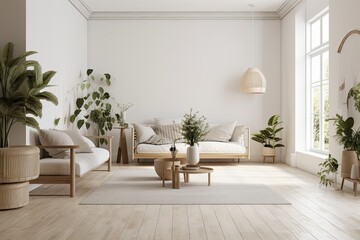 Wall Mural - Empty white walled living room with couch, plants, and table. Generative AI