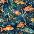 tiled water colour painting of fish in the sea Generative AI