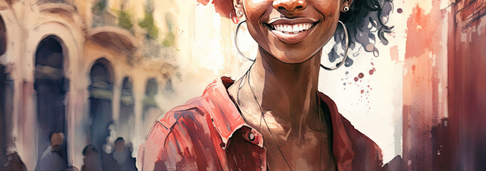 a happy young pretty african woman is smiling. Banner. Generative AI