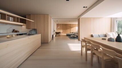 Wooden modern interior space, minimalistic clean design with natural material