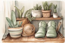 Eco Friendly Watercolor Nursery. Hand Painted Booties, Hat, Baby Overalls, And Eucalyptus Shelf Décor For Kids. Greeting Card, Print, Baby Shower Invitation, Handmade Shop Illustration. Generative AI