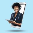 © C.M./peopleimages.com - 3d telehealth doctor, phone and online with screen, tablet and portrait for app by blue background. Medic woman, face or smile for healthcare, advice or communication on internet for virtual service