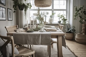 Wall Mural - White and gray rustic dining table. Potted plants, jute carpet. Scandinavian bohemian decor. Plan, top,. Generative AI