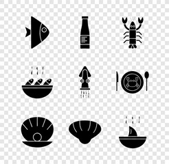 Canvas Print - Set Fish, Sauce bottle, Lobster, Shell with pearl, Scallop sea shell, Shark fin soup, and Octopus icon. Vector