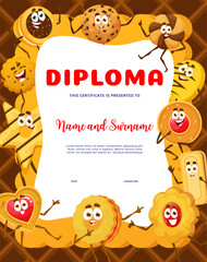 Wall Mural - Kids diploma cartoon cookie and confectionery characters. Education vector certificate with funny biscuit, star, cracker and chocolate cookie personages. School or kindergarten award frame