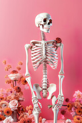 Wall Mural - Spring morbid creative concept, human body bones skeleton covered with fresh spring flowers on pastel pink background. Illustration, Generative AI.