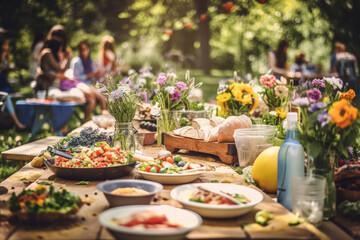 Young and happy people having festive lunch at the beautifully decorated table with healthy food in the garden