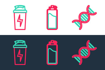 Sticker - Set line DNA symbol, Fitness shaker and Sport bottle with water icon. Vector