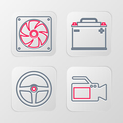 Sticker - Set line Cinema camera, Steering wheel, Car battery and Computer cooler icon. Vector