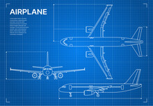 Outline Plane Aircraft Blueprint Or Airplane Design Drawing, Vector Aviation Industry. Plane Jet Blueprint Plan With Side And Top View, Aeroplane Technical Scheme In Contour Sketch Line On Blue Print