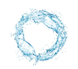 Poster - Round water splash with blue drops. Vector realistic circle, wave or swirl of transparent liquid, fresh aqua or clear drink water with ripples, bubbles and droplets. 3d round flow or stream with drops