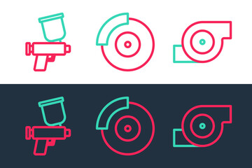 Poster - Set line Automotive turbocharger, Paint spray gun and Car brake disk with caliper icon. Vector