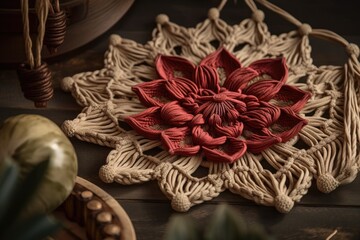 Poster - red beige Lotus shaped macramé wall hanging. Hand knotted macrame. Cotton rope wood and glass. Generative AI