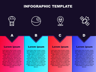 Sticker - Set line Box flying on parachute, Planet, Alien and Satellite. Business infographic template. Vector