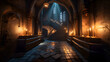 castle under ground sewer in hogwarts magical castle, walkways on either side, stairway to the left side, night time enviroment, candles on the wall,, ai generated, generated ai 
