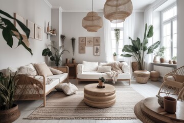 Poster - Decorated apartment living room. Modern scandinavian house with nobody. Sofa on white wall with natural ornamentation. Generative AI