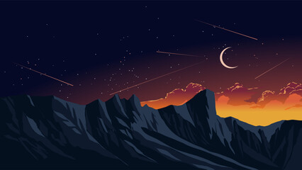 Wall Mural - mountain fantasy night landscape illustration background with moon and stars