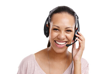 woman, portrait and call center agent with headset for crm and customer service on an isolated and t