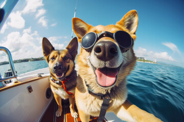 Dogs wearing sunglasses are taking selfies on a yacht with the sea in the background. Funny concept. Generative AI.