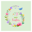 Happy Easter vector illustration. Trendy Easter design with typography, wreath, butterflies and spring flowers in soft colors for banner, poster, greeting card.