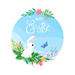 Happy Easter vector illustration on blue background. Trendy Easter design with typography, flowers, butterfly and bunny in soft colors for banner, poster, greeting card.