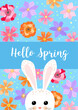 Happy Easter vector illustration on blue background. Trendy Easter design with typography, bunny, flowers in soft colors for banner, poster, greeting card.