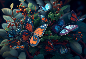 Leinwandbilder - Beautiful photo Butterflies concept, contemporary natural social background. Generative AI technology.
