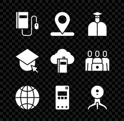 Sticker - Set Electronic book with mouse, Location, Student, Social network, Mobile phone, Web camera, Graduation cap globe and Cloud online library icon. Vector