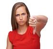 Woman, hand and thumbs down to disagree, failure or disapproval on an isolated and transparent png background. Portrait of a female angry gesture for incorrect, wrong or fail and hate