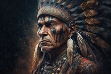 Leader Of The Tribe. Portrait Of A Fictional Indian Shaman From The Indian Tribe. An Ancient Indian Hunter. Generative AI 
